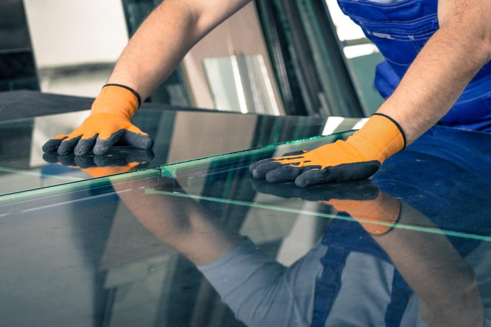 In a bustling workshop, an individual clad in orange gloves and blue overalls expertly manages large sheets of glass, showcasing the precision and care characteristic of institutional glass services.